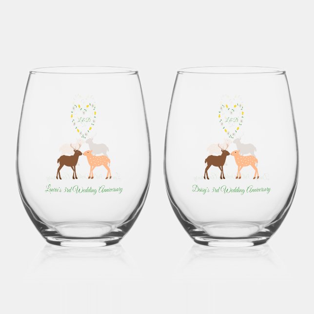 Hirschpaar und Daisy Heart Custom 3 Anniversary Weinglas Ohne Stiel (Vorderseite)