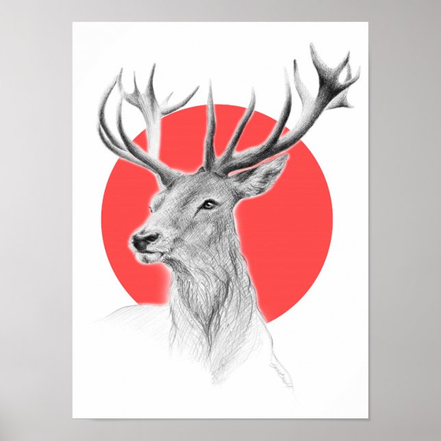 Hirschportrait zeichnend Roter Kreis Tierkunst Poster (Vorne)