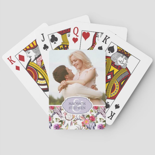 Hirschschädel, Blume und Traumfänger - Hochzeitsta Spielkarten (Rückseite)