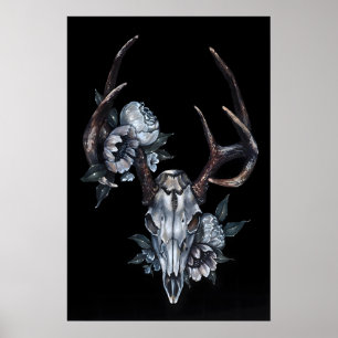 Hirschschädel mit Blumen- Giclee-Druck von Poster