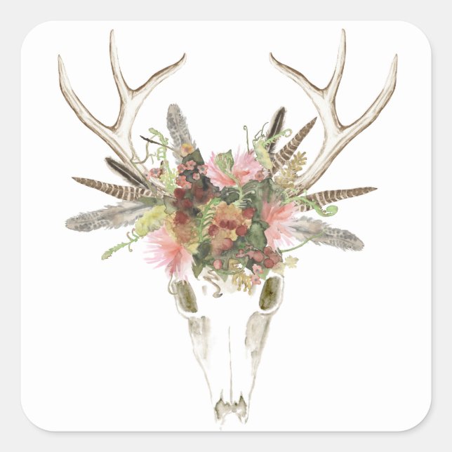Hirschschädel und Blume Quadratischer Aufkleber (Vorderseite)