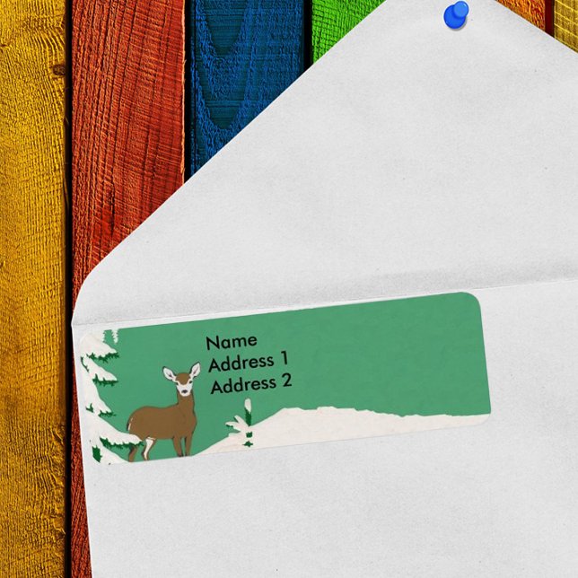 Hirschschschnee Winterlandschaft (Return address label with white face female deer in snow by pine tree.)