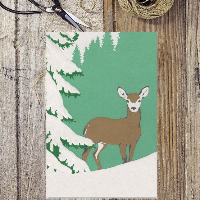 Hirschschschnee Winterlandschaft Pine Tree Seidenpapier (White faces brown female deer in the snow by pine tree on mint green wrapping tissue paper.)