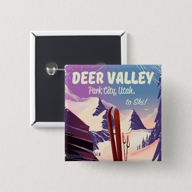 Hirschtal, Park City, Utah, Ski-Reiseplakat. Button (Vorne & Hinten)