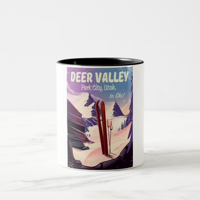 Hirschtal, Park City, Utah, Ski-Reiseplakat. Zweifarbige Tasse (Mittel)