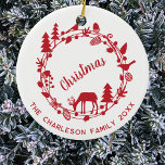 Hirschwald Kreath Personalisiert Weihnachten Keramik Ornament<br><div class="desc">Ein hübscher Waldkranz mit Hirsch,  Vogel,  Kiefern,  Eicheln und Kiefern. Ändern Sie den unteren Text,  den Familiennamen und das Datum,  um es anzupassen. Originelle Kunst von Nic Squirrell.</div>