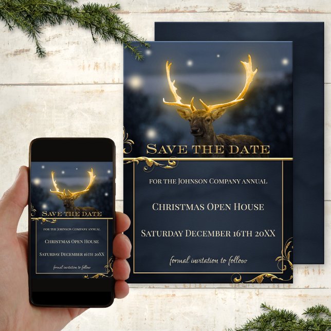 Hirschweihnachtskarte Save the Date (Save the Date Christmas invitation, showing a stylized glow-in-the-dark deer on blue sparkle lights)