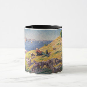 Hirte mit seiner Schafe, die das Meer beobachten Tasse