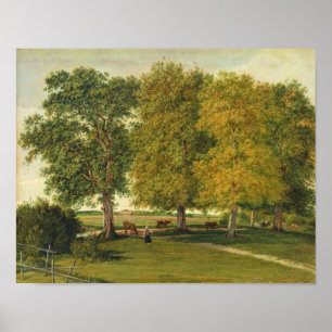 Hirte mit Vieh unter herbstlichen Bäumen Poster