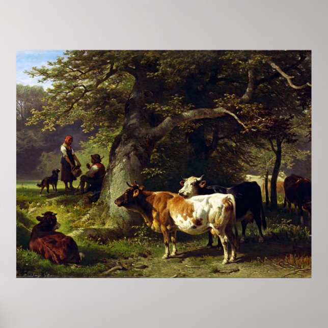 Hirte und Kuhherde am Teich Poster (Vorne)