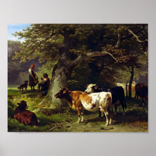 Hirte und Kuhherde am Teich Poster