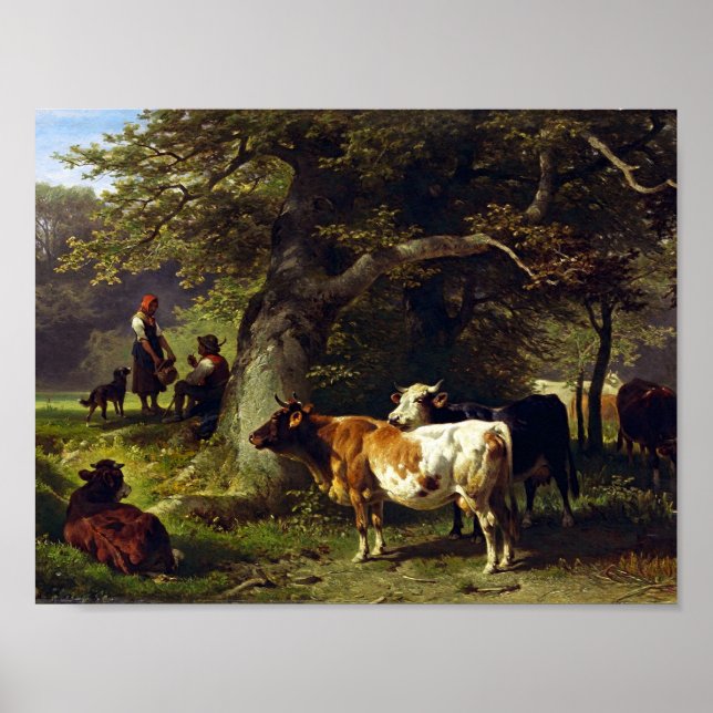 Hirte und Kuhherde am Teich Poster (Vorne)