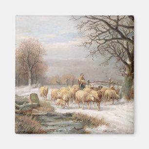 Hirtin mit ihrer Flock in einer Winterlandschaft ( Magnet