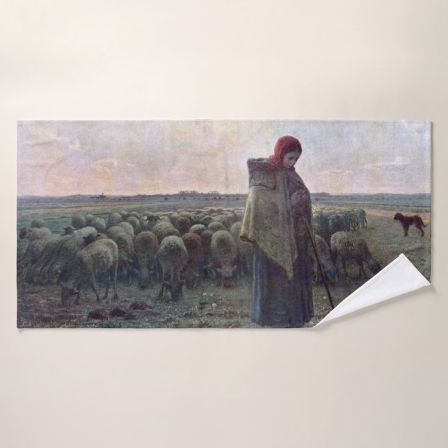 Hirtin mit ihrer Flock, Jean-Francois Millet Badehandtuch (Badehandtuch)