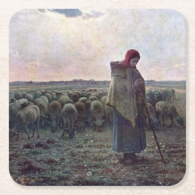 Hirtin mit ihrer Flock, Jean-Francois Millet Rechteckiger Pappuntersetzer (Vorderseite)