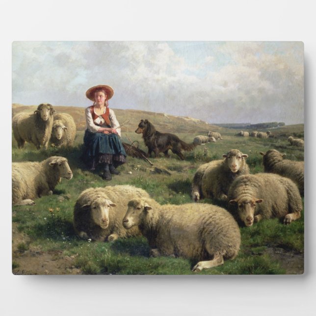 Hirtin mit Schafen in einer Landschaft Fotoplatte (Vorderseite)