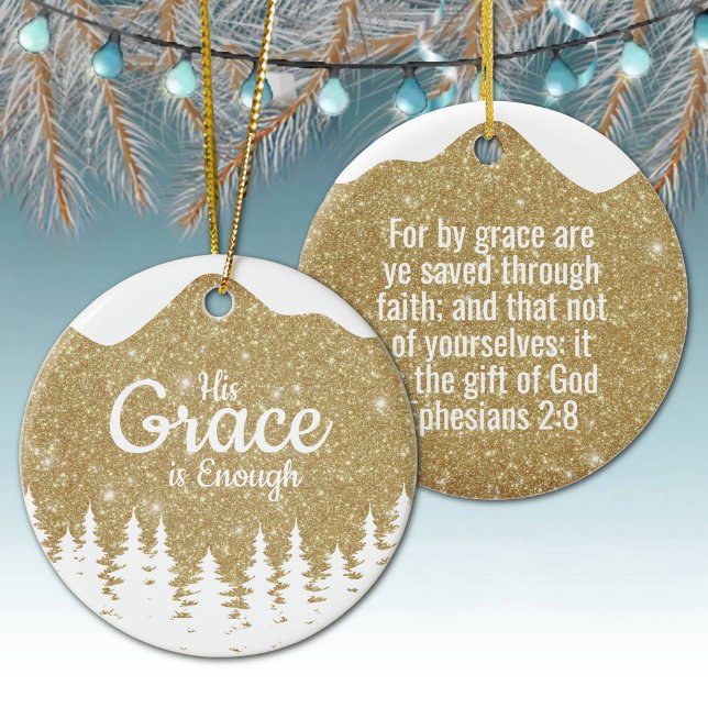 His Grace is Enough Divine Passage ⛪️ 🎄 Keramik Ornament (Personal His Grace is Enough, Religious Holiday Snow Ceramic Ornament Golden snowy white trees 🌲✞)