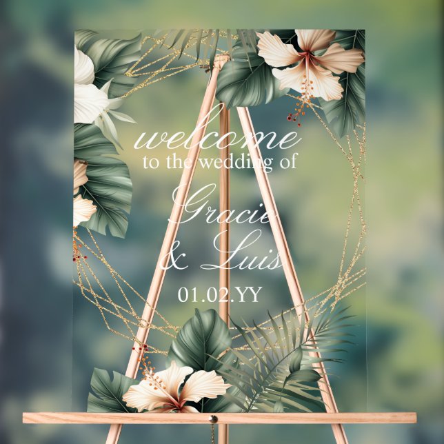 Hisbiscus Monstera Botanical Florals Gold Wedding Acrylschild (Neutral)