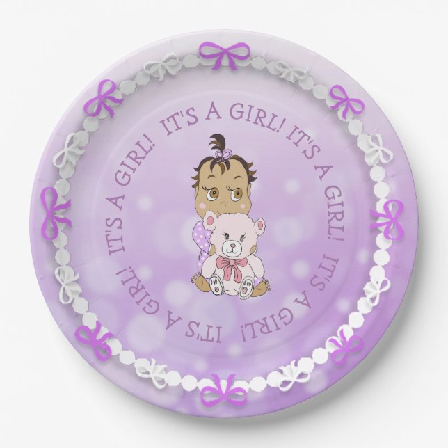 Hispanic Baby Girl Holding Teddy Bear Baby Dusche Pappteller (Vorderseite)