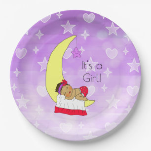 Hispanic Baby Girl Schlafen auf Moon Baby Dusche Pappteller