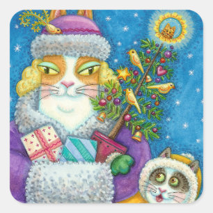 HISS N' FITZ KATZEN WEIHNACHTSEINKAUF, FEDERBAUM QUADRATISCHER AUFKLEBER