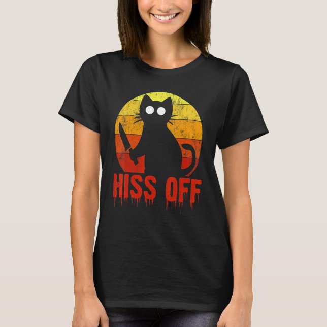 Hiss Off Spooky Gory Cat Knife Bloody T-Shirt (Vorderseite)