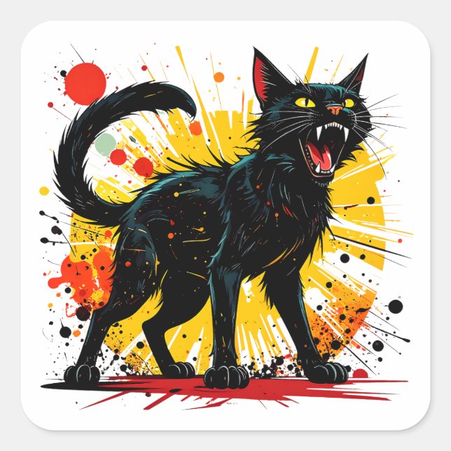 Hissing Defensive Black Cat Quadratischer Aufkleber (Vorderseite)