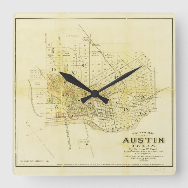 Historische Karte von Austin Quadratische Wanduhr (Vorderseite)