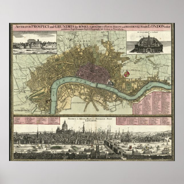 Historische Karte von London, England (1740) Poster (Vorne)
