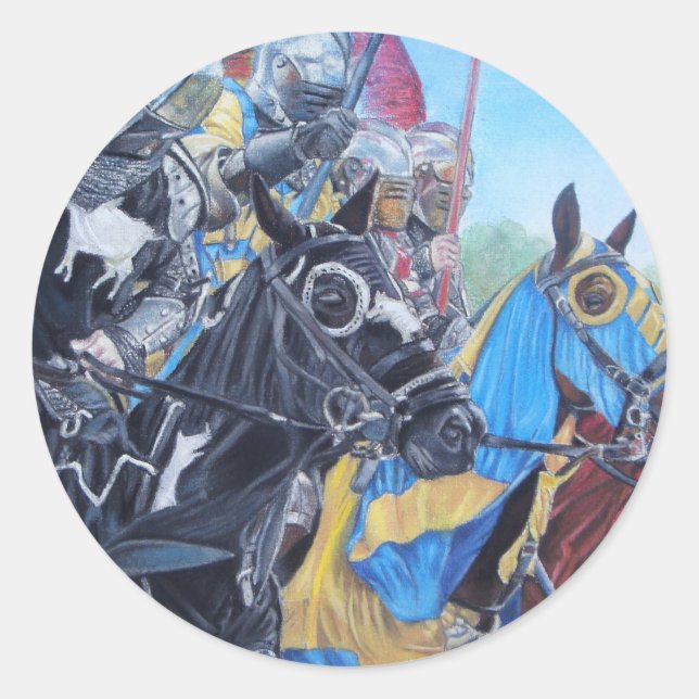 Historische mittelalterliche Ritter jouten auf Pfe Runder Aufkleber (Vorderseite)