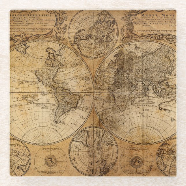 Historische Reise: Weltkarte 1746 Glasuntersetzer (Vorderseite)