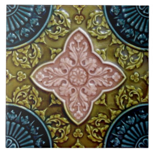Historische Repro Rose, Green, Indigo Majolica Fliese