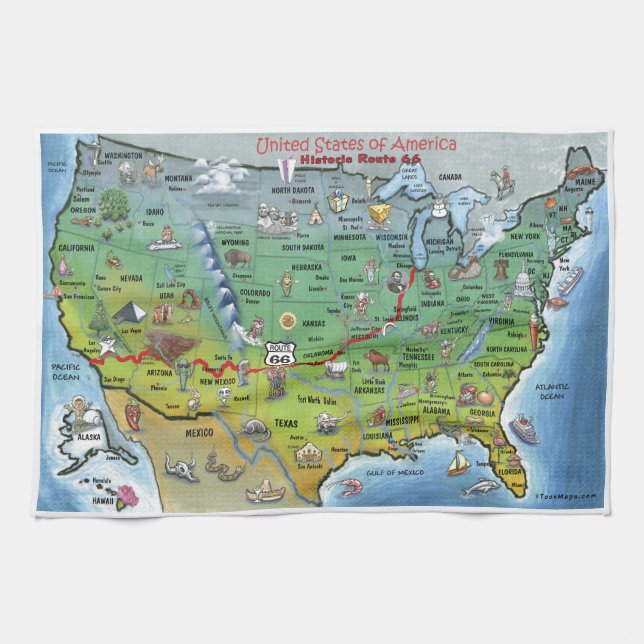 Historische Route 66 Cartoon Karte Geschirrtuch (Horizontal)