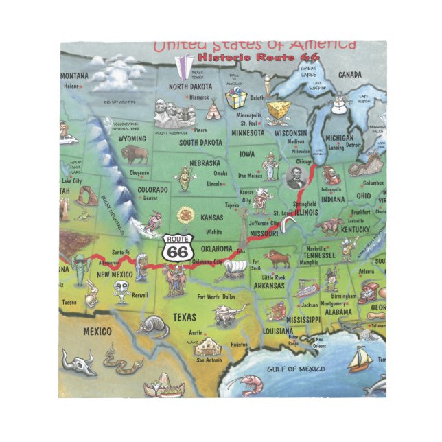 Historische Route 66 Cartoon Karte Notizblock (Vorderseite)
