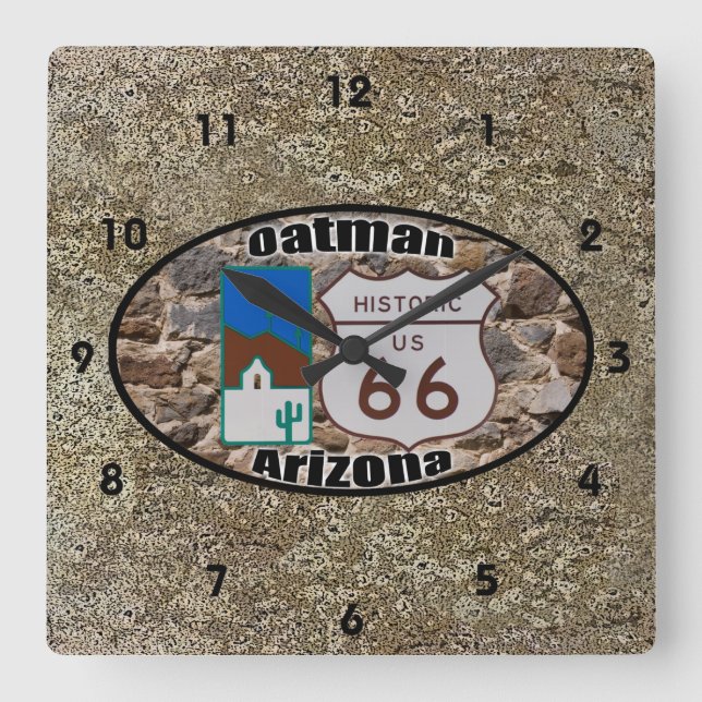 Historische Route 66 ~ Oatman, Arizona Quadratische Wanduhr (Vorderseite)