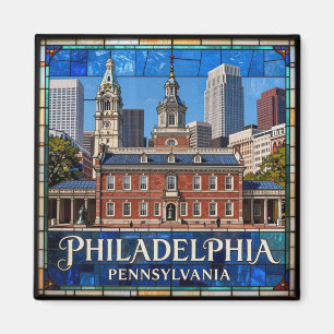 Historische Stadtansicht aus Buntglas in Philadelp Magnet