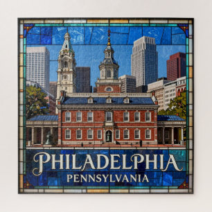 Historische Stadtansicht Philadelphia in Buntglas