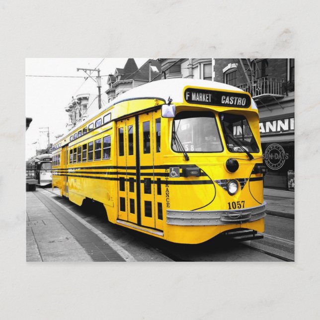 Historische Straßenbahn mit auffallender gelber Fa Postkarte (Vorderseite)