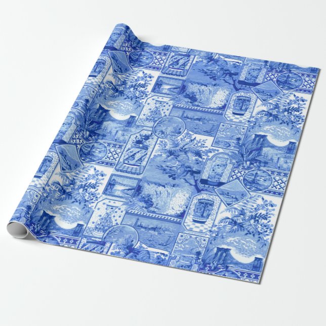 Historische Vintage Blaue und Weiße Japonaiserie Geschenkpapier (Ungerollt)
