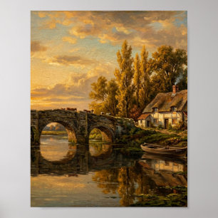 Historische Wassermühle Fluss Steinbrücke II Poster