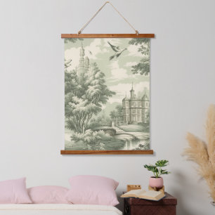 Historisches grünes französisches szenisches Toile Wandteppich Mit Holzrahmen