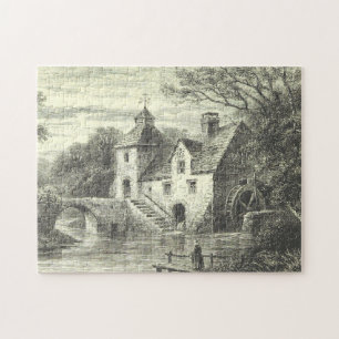 Historisches Mühlengebäude mit Wasserrad-Puzzle