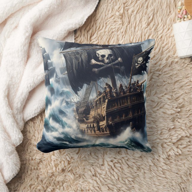 Historisches Piratenschiff kämpft an rauen Meeren Kissen (Decke)