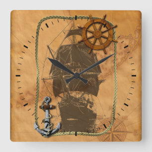 Historisches Segelschiff und Seekarte Quadratische Wanduhr