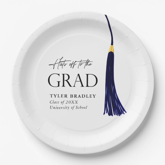 Hit Off To Grad Blue & Gold Tassel Abschluss Pappteller (Vorderseite)