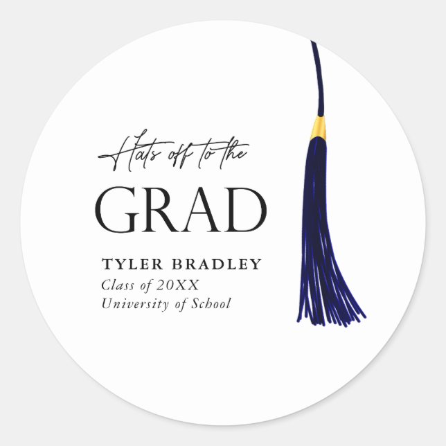 Hit Off To Grad Blue & Gold Tassel Abschluss Runder Aufkleber (Vorderseite)
