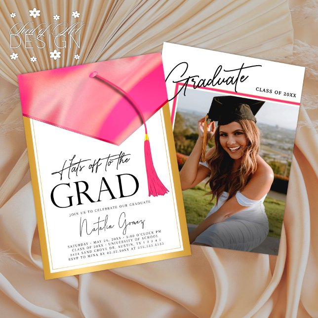 Hit off to Grad Pink & Gold Abschluss Foto Einladung (Von Creator hochgeladen)