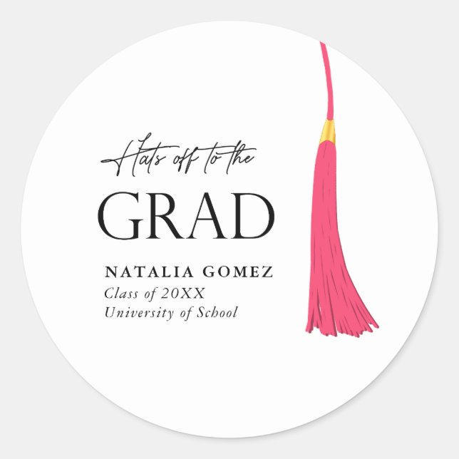 Hit Off to Grad Pink & Gold Tassel Abschluss Runder Aufkleber (Vorderseite)