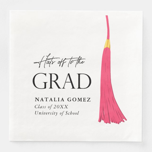 Hit Off to Grad Pink & Gold Tassel Abschluss Serviette (Vorderseite)