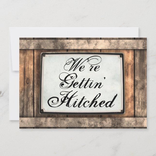 Hitched Rustic Wood Wedding Einladungen (Vorderseite)
